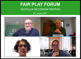 Dirk Metz (oben rechts), Moderator der Talkrunde beim Fair Play Forum, mit seinen Gästen Jens-Uwe Münker (oben links), Martina Knief und Stefan Reuß (unten von links). Screenshot: HFV